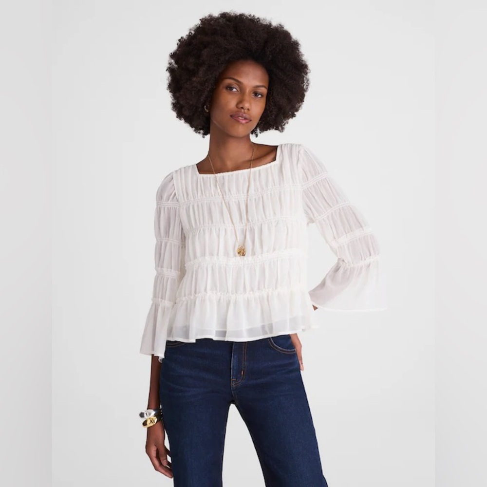 Madewell Womens Squareneck Tiered Top in Winter White size XS